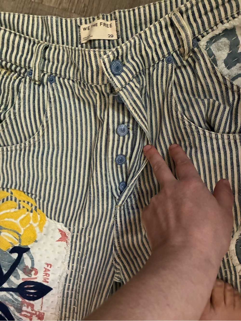Free People Honeybutter Striped Wide Leg Jeans with Yellow & Navy Floral Print - Picture 4 of 11